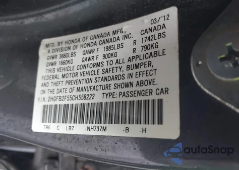 2012 Honda Civic Lx z USA, uszkodzony, nr VIN 2HGFB2F55CH558222